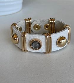 White Faux Leather With Gold Details Snap Closure Bracelet