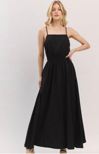 Black Square Neckline Spaghetti Strap Elastic Waist Maxi Dress