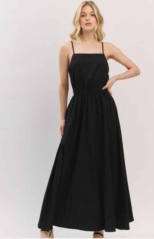 Black Square Neckline Spaghetti Strap Elastic Waist Maxi Dress