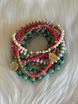 India Mixed Pink & Turquoise Set of 8 Beaded Bracelets