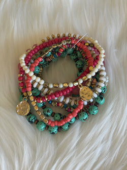 India Mixed Pink & Turquoise Set of 8 Beaded Bracelets