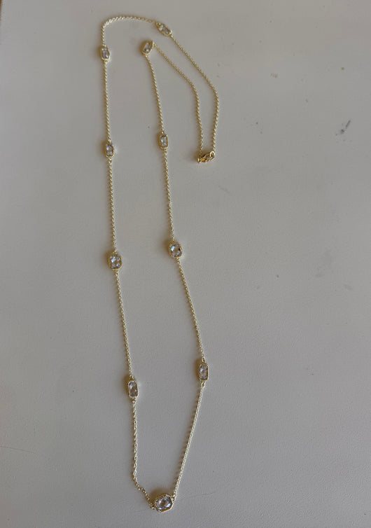 Vintage 18K Gold Dipped & Rectangle CZ Stones 36” Long Necklace