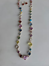 Colorful Glass Stones & Gold Long Chain Necklace w/Ruby Red Glass Stone Earring Set
