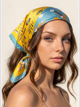Teal & Gold Leaf Print Square Silk Scarf