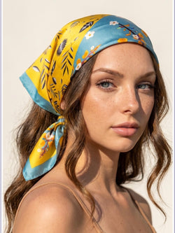 Teal & Gold Leaf Print Square Silk Scarf
