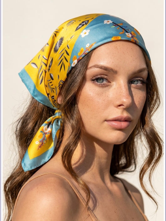 Teal & Gold Leaf Print Square Silk Scarf
