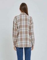 Taupe & Ivory Plaid Soft Boyfriend Flannel w/Front Open Pocket