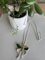 Beautiful Butterfly Necklace w/Silver Long Rope Chain, Gold and Emerald Green Wings