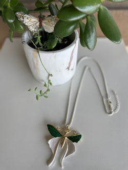 Beautiful Butterfly Necklace w/Silver Long Rope Chain, Gold and Emerald Green Wings