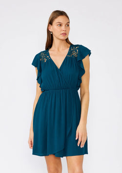 Peacock Teal Ruffle Sleeve Surplice Mini Dress w/Crochet Lace Detail