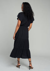 Black Tiered Midi Dress w/Lattice Trim Detail & Flutter Sleeve by Lovestitch