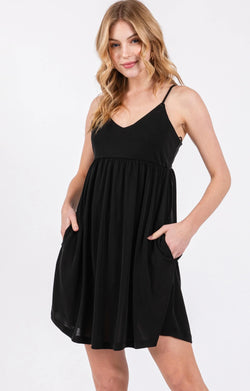 Coco Black V-Neck Cami Flowy Mini Dress w/Pockets