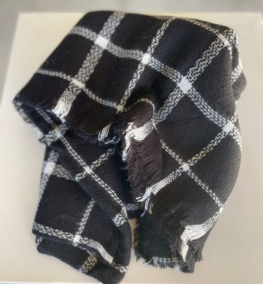 Black & White Checkered Scarf w/Frayed Edge