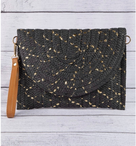 Black & Gold Sparkle Straw Crossbody/Wristlet Purse