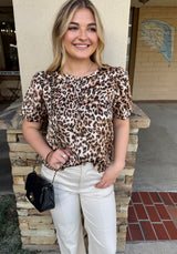 Wild Animal Print Round Neck Bubble Short Sleeve Blouse