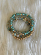 Mint & Gold W/Rhinestone Set of 4 Stretch Beaded Bracelets