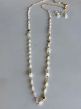White & Gold Glass & Stone Beads Long Necklace and Earring Set