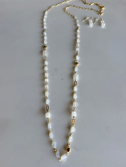 White & Gold Glass & Stone Beads Long Necklace and Earring Set