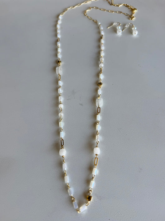 White & Gold Glass & Stone Beads Long Necklace and Earring Set