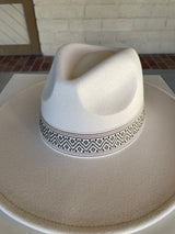 Ivory Flat Brim Fedora Hat w/Olive Green Chevron Band & Adjustable Fit