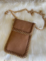Brown Soft Faux Suede Crossbody Purse with Fold Over Snap Closure, Outside Pocket & Gold Chain