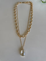 Gold Chain Link & Dainty Chain w/Clear Rectangle Stone Layered Necklace