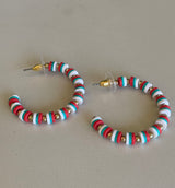 Red, White & Turquoise Heishi Beaded Open Hoop Earrings