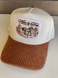 Brown Corduroy Brim and Cream Wild & Free Patch Trucker Hat w/Adjustable Snap Fit