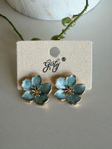 Tropical Blue Flower & Gold Post Earrings