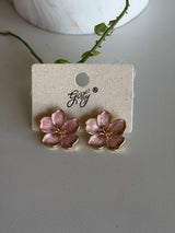 Tropical Pink Flower & Gold Post Earrings