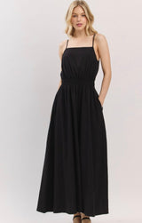Black Square Neckline Spaghetti Strap Elastic Waist Maxi Dress