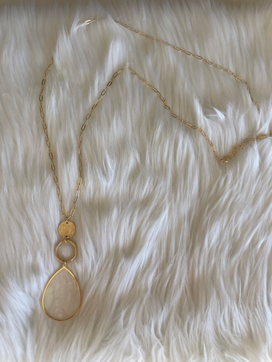 Gold & Mother of Pearl Teardrop Pendant Long Necklace