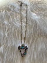 Silver Chain Link Necklace w/White & Turquoise Bull Head Pendant