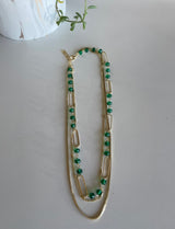 Gold Chain Link & Emerald Green Beads Layered Necklace