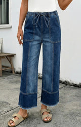 The Julia Dark Denim Wide Leg Patchwork Jeans w/Drawstring Waistband & Pockets