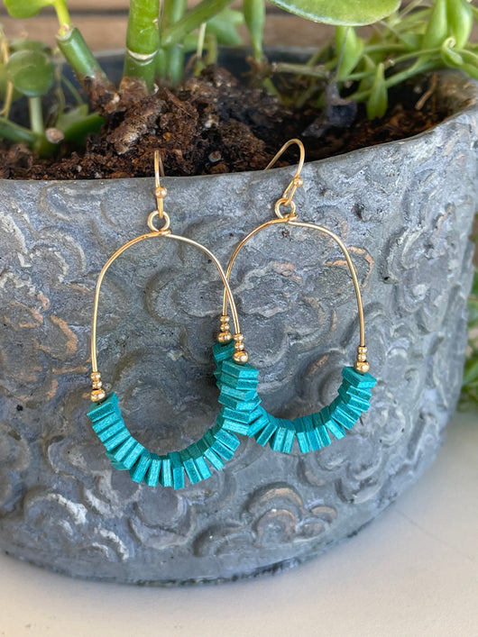 Turquoise Square Wood Beads & Gold Oval Fishhook Earrings