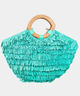 Baja Turquoise Raffia Beach Bag w/Wood Round Handle, Snap Closure & Pocket