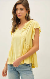 Yellow Flowy Ruffle Cap Sleeve & Woven Stitch Detail Top
