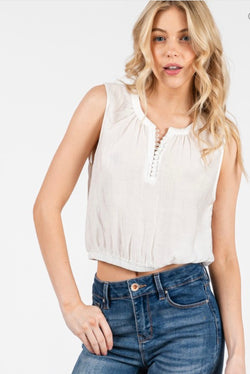 White Sleeveless Half Button Elastic Crop Waist Tank Top