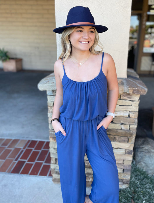 Cobalt Blue Ribbed Texture Wide Leg Adjustable Spaghetti Strap Midi Jumper w/Pockets