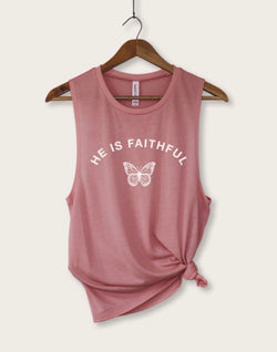 He Is Faithful Butterfly Mauve Graphic Tank Top