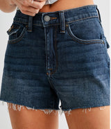Dark Denim Scissor Cut Off Stretch Mid Rise Shorts by Just USA