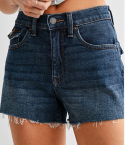 Dark Denim Scissor Cut Off Stretch Mid Rise Shorts by Just USA