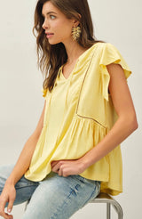 Yellow Flowy Ruffle Cap Sleeve & Woven Stitch Detail Top