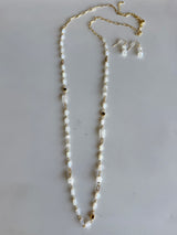 White & Gold Glass & Stone Beads Long Necklace and Earring Set