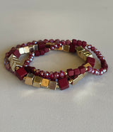 Gold & Wine Set of 3 Stretch Beaded Bracelets
