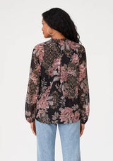Black & Dusty Rose Floral Shimmer Long Sleeve Wrap Blouse by Lovestitch