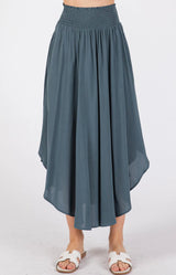 Teal Flowy Midi Skirt with Smocked Waistband, Round Hem & Pockets