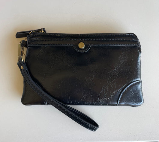 Black Wristlet Wallet/Clutch Bag w/Zipper Closure & Outer Pocket