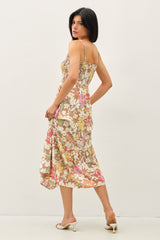 Breezy Tan & Pink Flower  Print Midi Dress w/ Pockets and Adjustable Straps